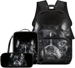 Bulldog Backpack for School Boys Middle School Lightweight Insulated Tote Lunch Bag for Kids Set of 3 Versatile 17 Inch Kids Bookbag Boys with Lunchbox