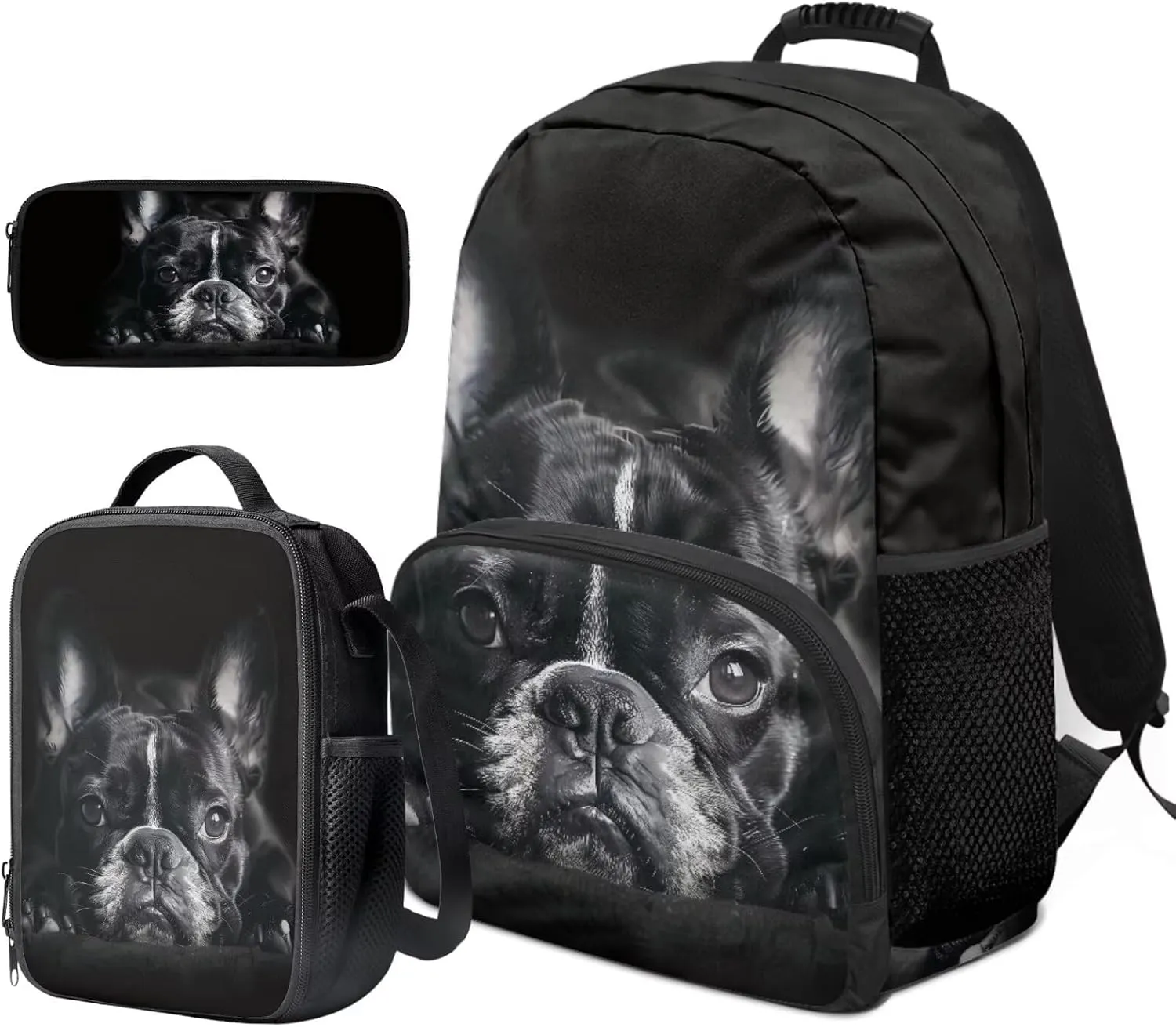 Bulldog Backpack for School Boys Middle School Lightweight Insulated Tote Lunch Bag for Kids Set of 3 Versatile 17 Inch Kids Bookbag Boys with Lunchbox