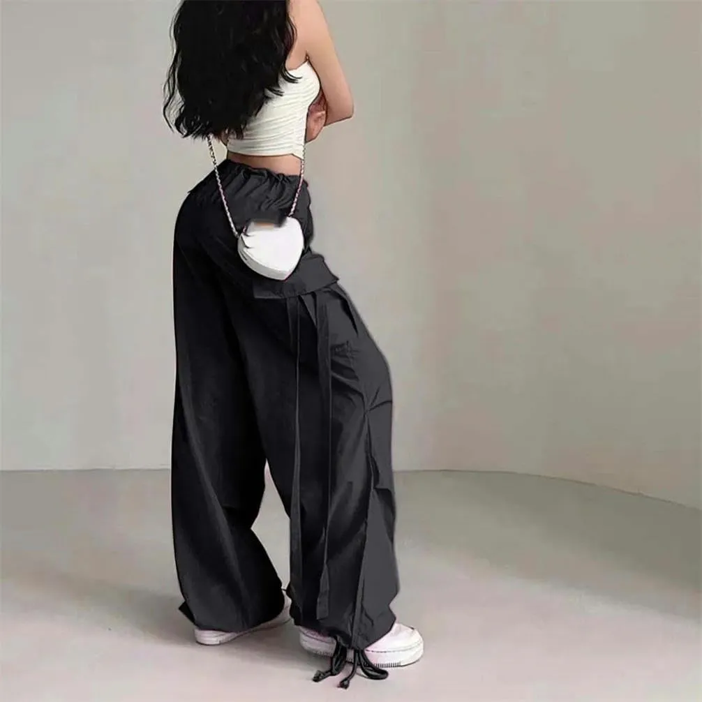 Cargo Pants Women's Sports Pants Ribbon Hip hop Street Clothing Loose Outdoor with Pocket Wide-Leg Trousers