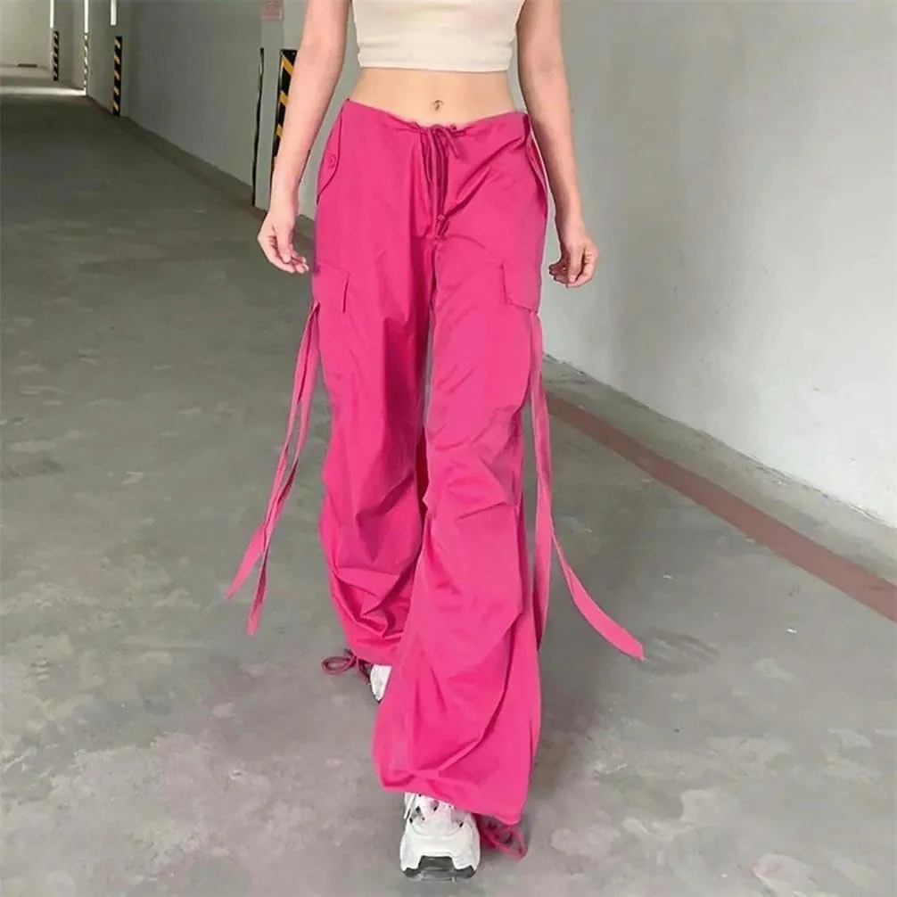Cargo Pants Women's Sports Pants Ribbon Hip hop Street Clothing Loose Outdoor with Pocket Wide-Leg Trousers