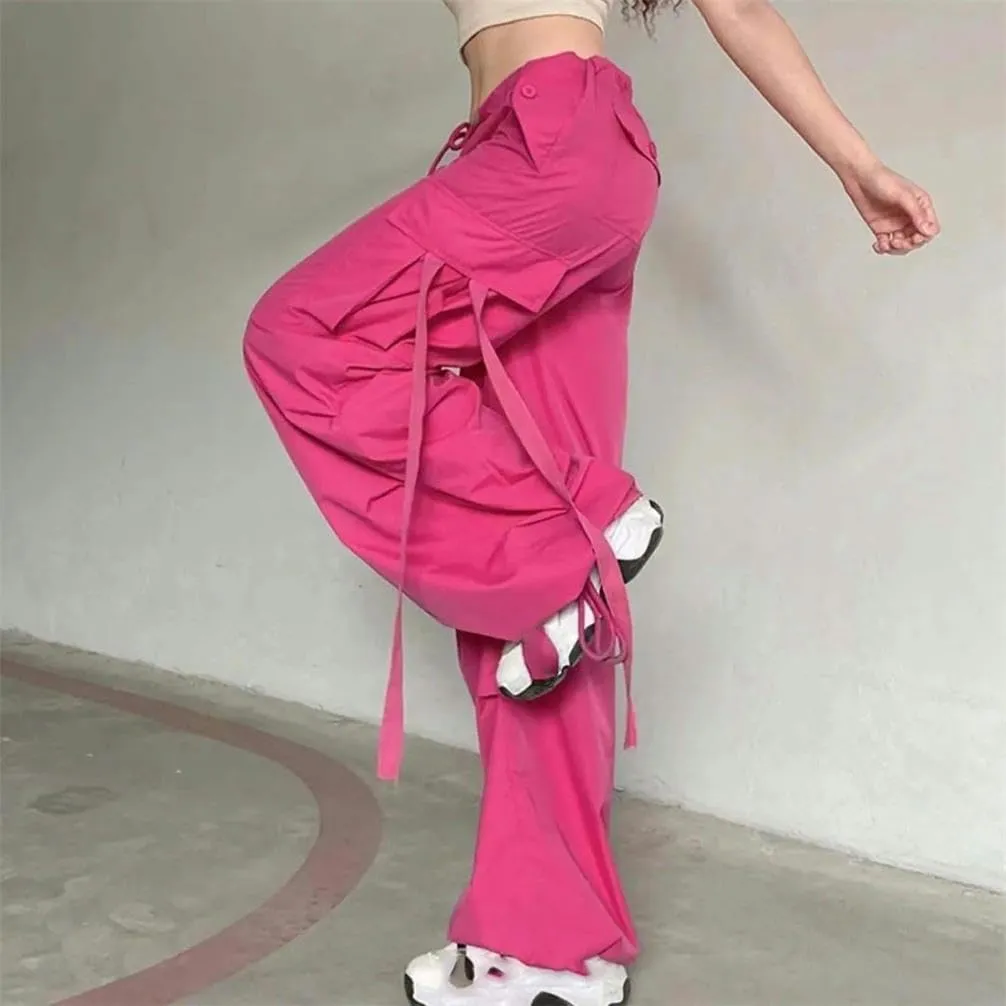 Cargo Pants Women's Sports Pants Ribbon Hip hop Street Clothing Loose Outdoor with Pocket Wide-Leg Trousers