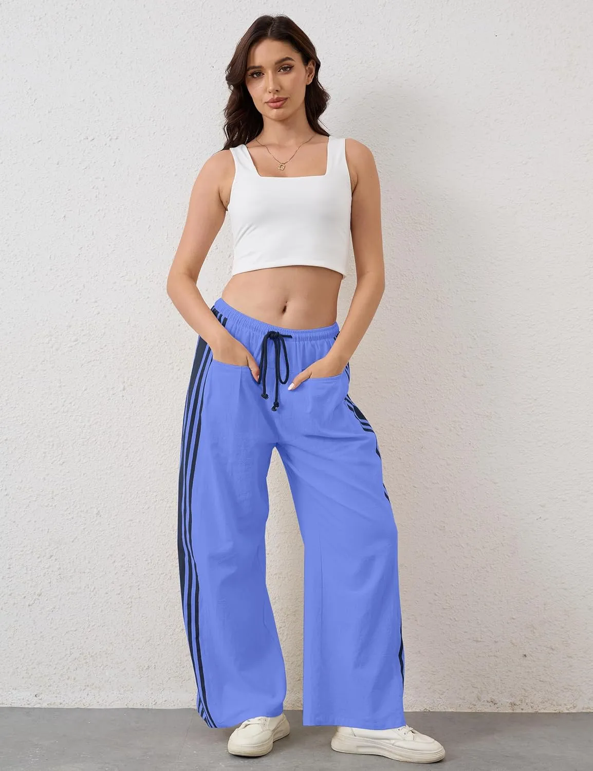 Casual Crayon Striped Pants for Women Drawstring Elastic High Waist Lounge Pant Color Block Baggy Wide Leg Sweatpants