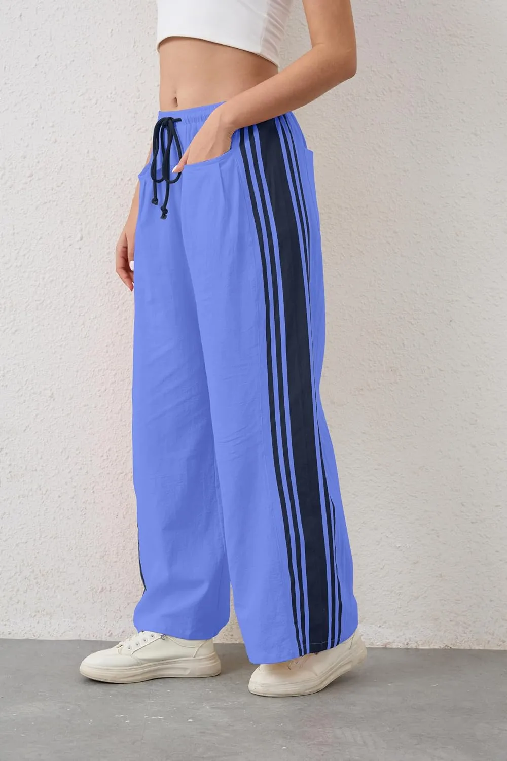 Casual Crayon Striped Pants for Women Drawstring Elastic High Waist Lounge Pant Color Block Baggy Wide Leg Sweatpants