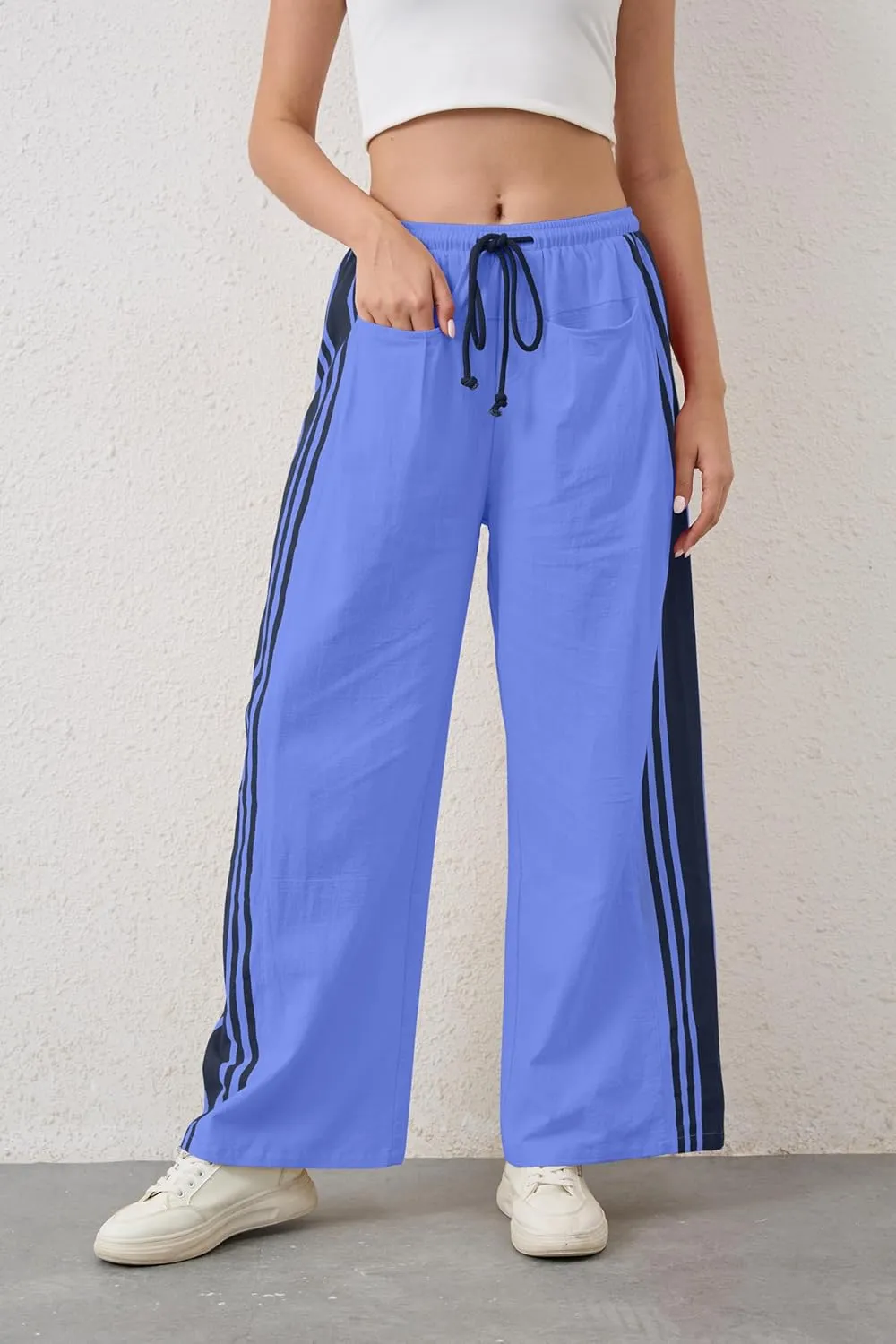 Casual Crayon Striped Pants for Women Drawstring Elastic High Waist Lounge Pant Color Block Baggy Wide Leg Sweatpants