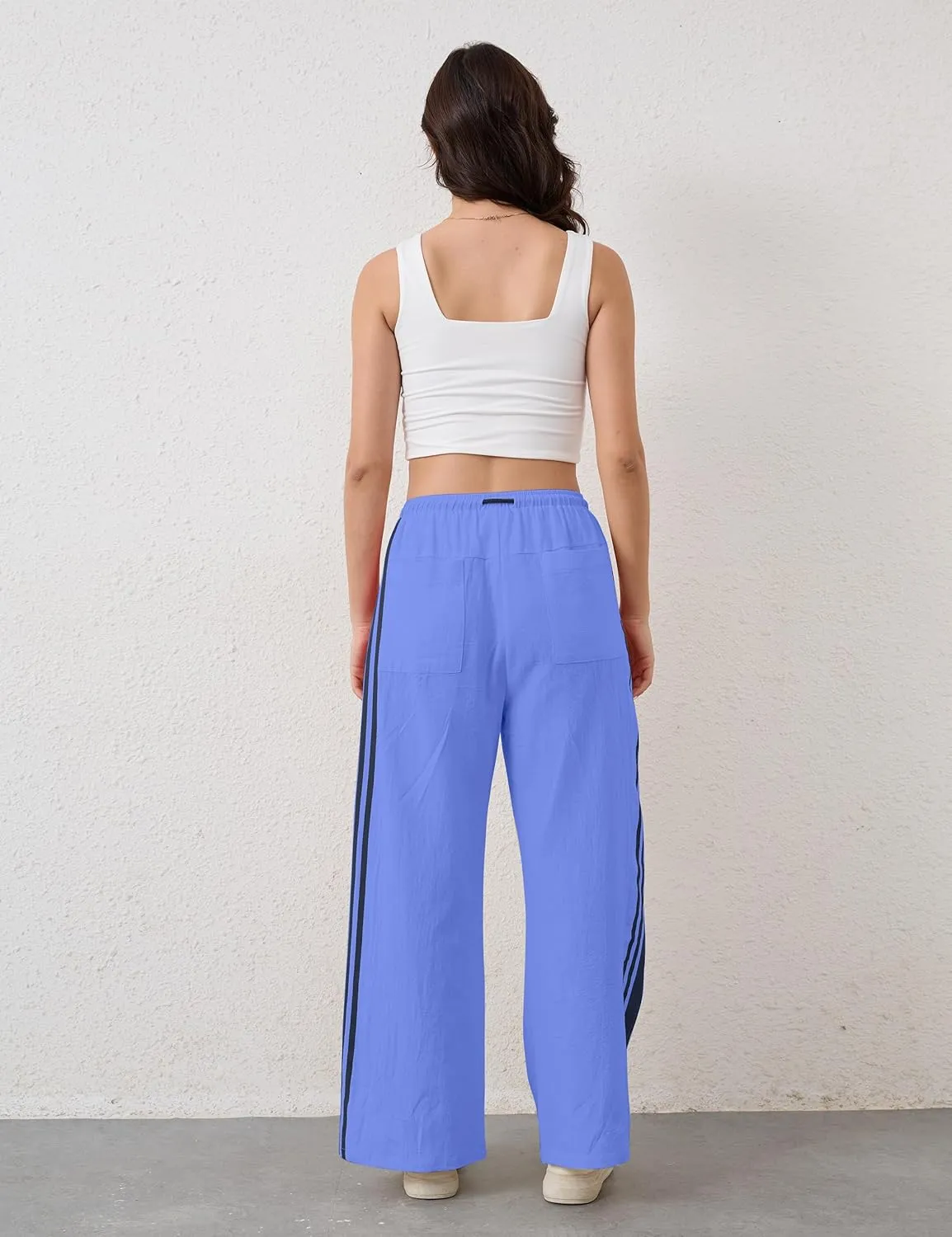 Casual Crayon Striped Pants for Women Drawstring Elastic High Waist Lounge Pant Color Block Baggy Wide Leg Sweatpants