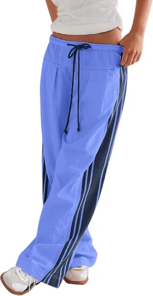 Casual Crayon Striped Pants for Women Drawstring Elastic High Waist Lounge Pant Color Block Baggy Wide Leg Sweatpants