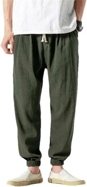 Casual Pants Chinese Style Men's Cotton and Linen Harem Pants Tied Legs Drawstring Elastic Waist Outdoor Sports