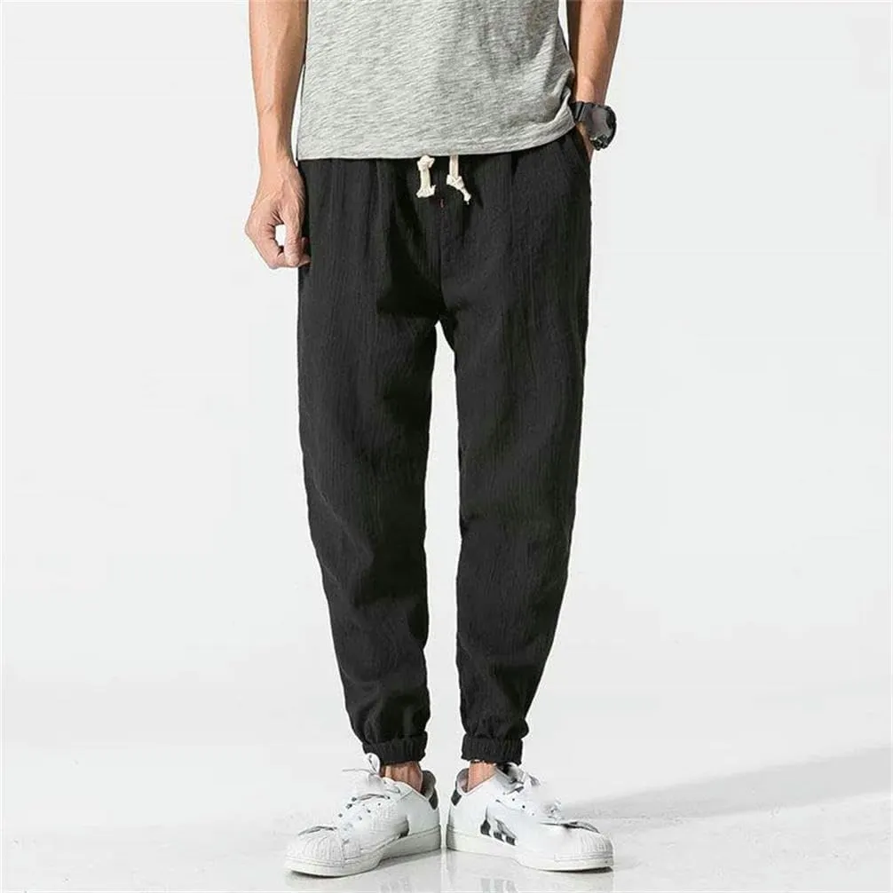 Casual Pants Chinese Style Men's Cotton and Linen Harem Pants Tied Legs Drawstring Elastic Waist Outdoor Sports