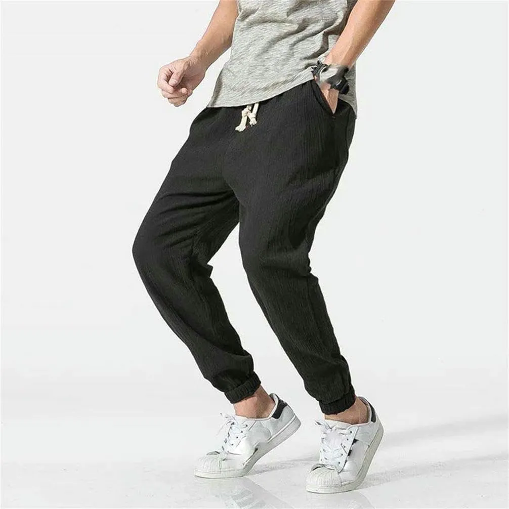 Casual Pants Chinese Style Men's Cotton and Linen Harem Pants Tied Legs Drawstring Elastic Waist Outdoor Sports