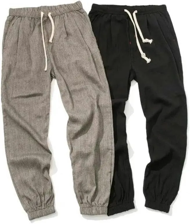 Casual Pants Chinese Style Men's Cotton and Linen Harem Pants Tied Legs Drawstring Elastic Waist Outdoor Sports