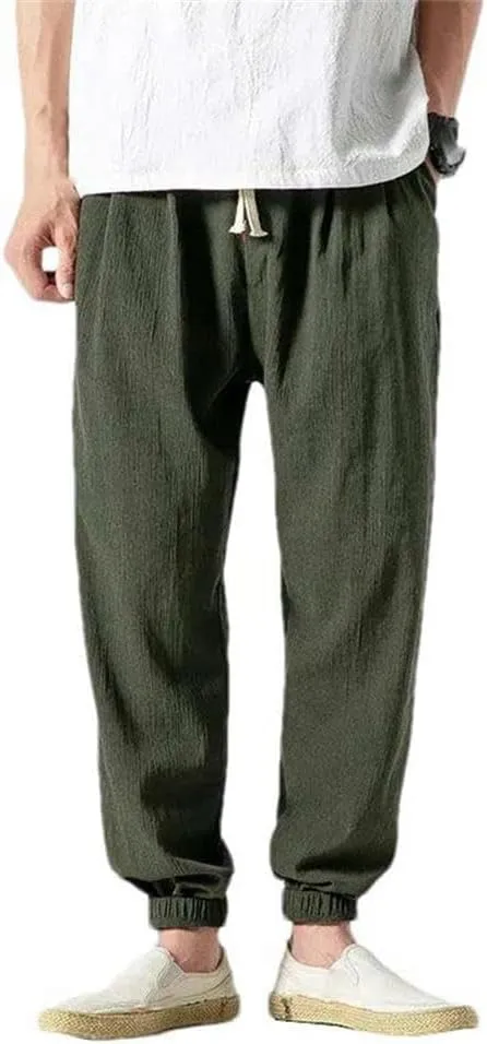 Casual Pants Chinese Style Men's Cotton and Linen Harem Pants Tied Legs Drawstring Elastic Waist Outdoor Sports