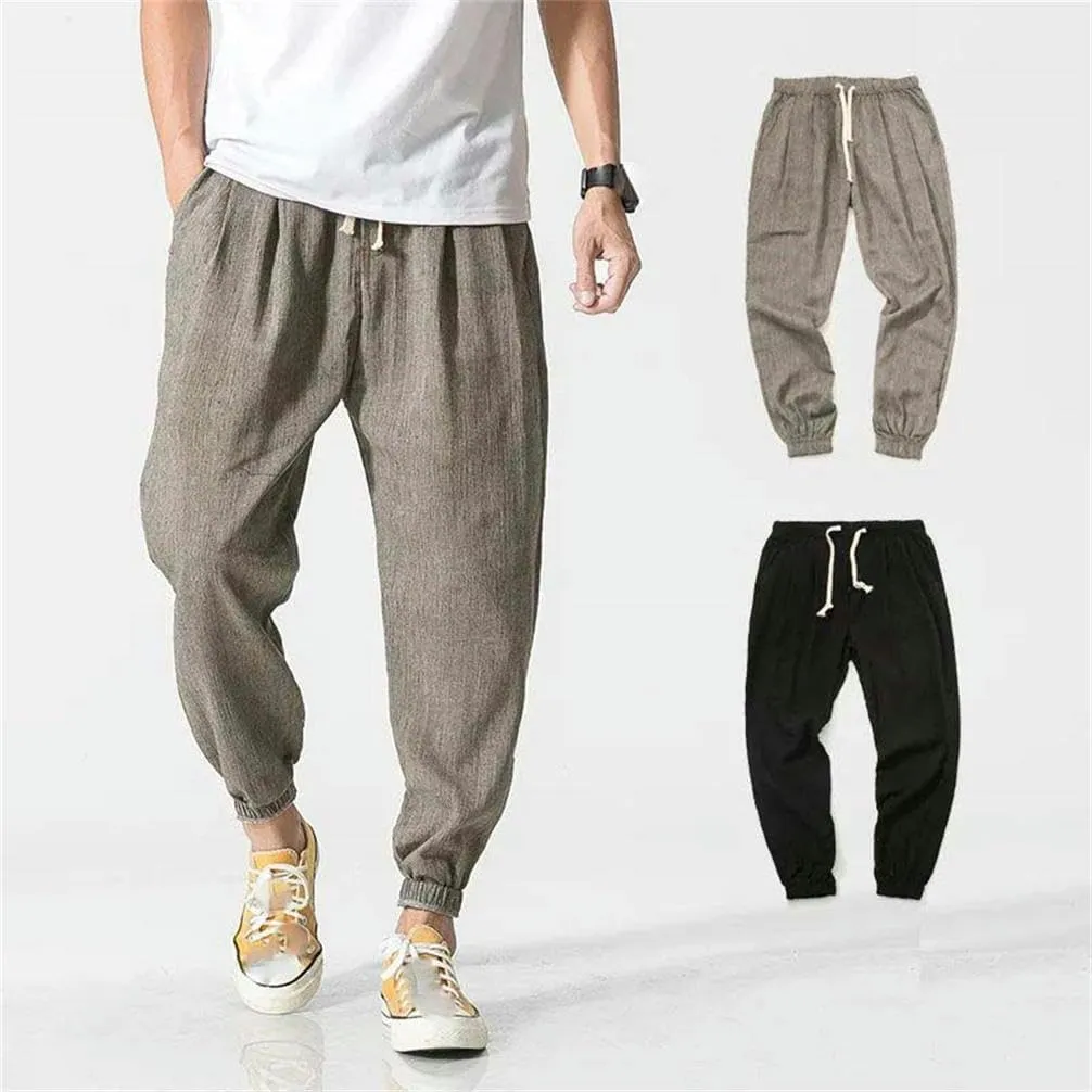 Casual Pants Chinese Style Men's Cotton and Linen Harem Pants Tied Legs Drawstring Elastic Waist Outdoor Sports