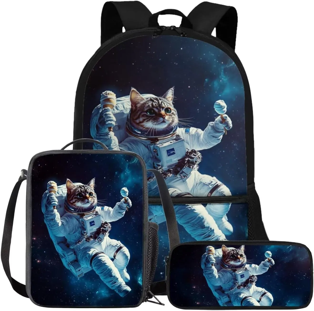 Cat Backpack School Set of 3 Universe Astronaut Kids School Bag with Lunch Bag Attached Study Pencil Case Versatile 17 Inch Bookbag for Elementary Students