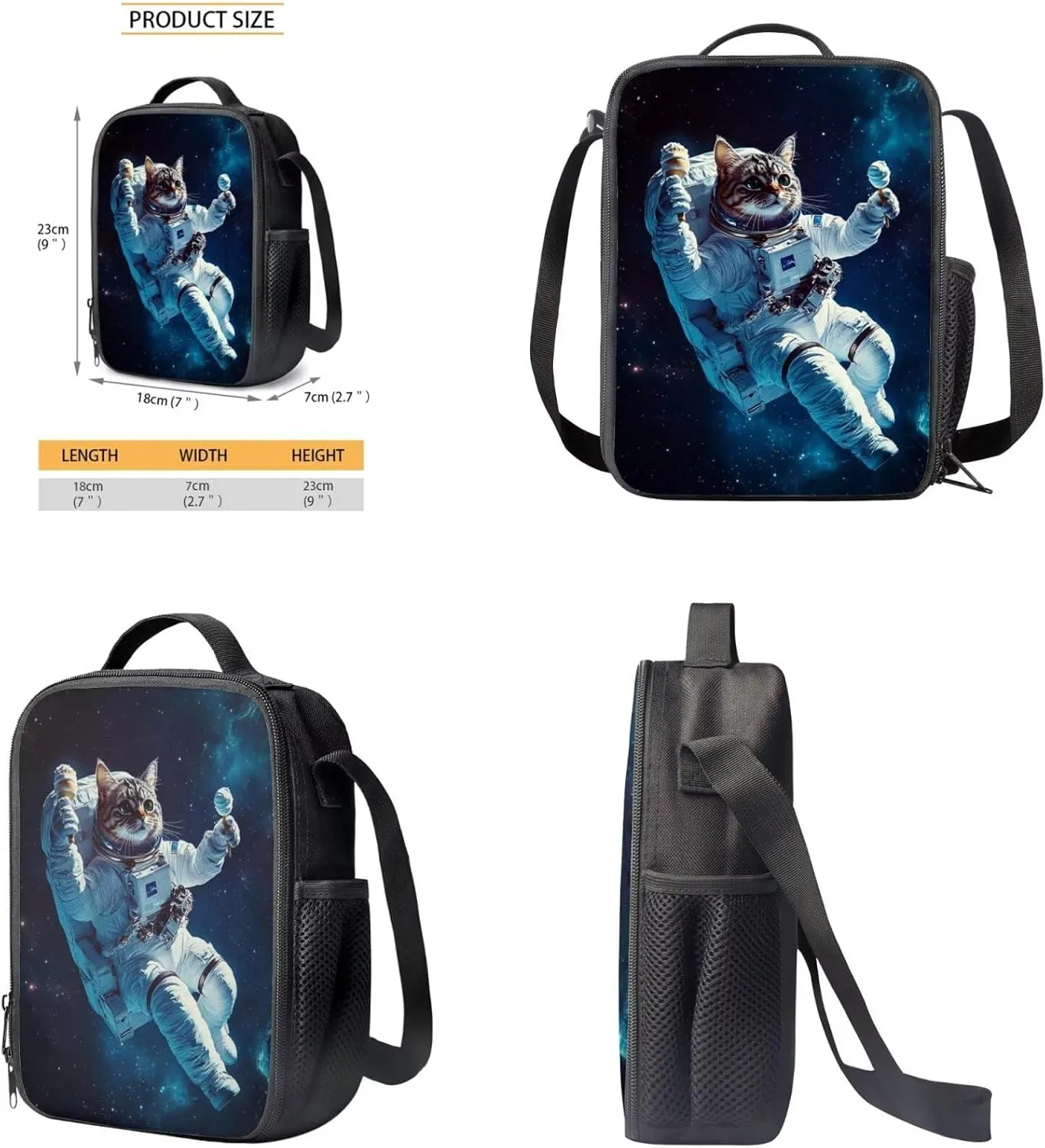 Cat Backpack School Set of 3 Universe Astronaut Kids School Bag with Lunch Bag Attached Study Pencil Case Versatile 17 Inch Bookbag for Elementary Students