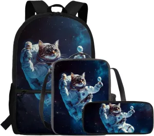 Cat Backpack School Set of 3 Universe Astronaut Kids School Bag with Lunch Bag Attached Study Pencil Case Versatile 17 Inch Bookbag for Elementary Students