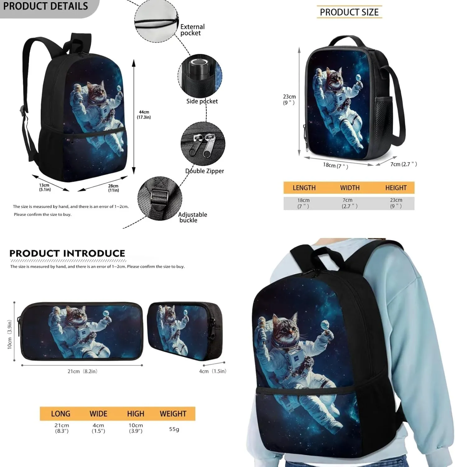 Cat Backpack School Set of 3 Universe Astronaut Kids School Bag with Lunch Bag Attached Study Pencil Case Versatile 17 Inch Bookbag for Elementary Students