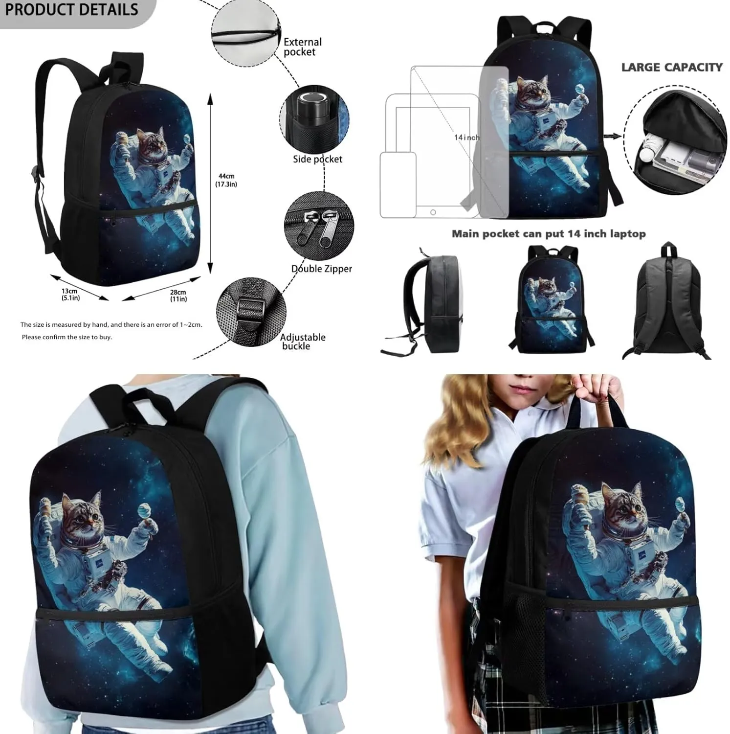 Cat Backpack School Set of 3 Universe Astronaut Kids School Bag with Lunch Bag Attached Study Pencil Case Versatile 17 Inch Bookbag for Elementary Students