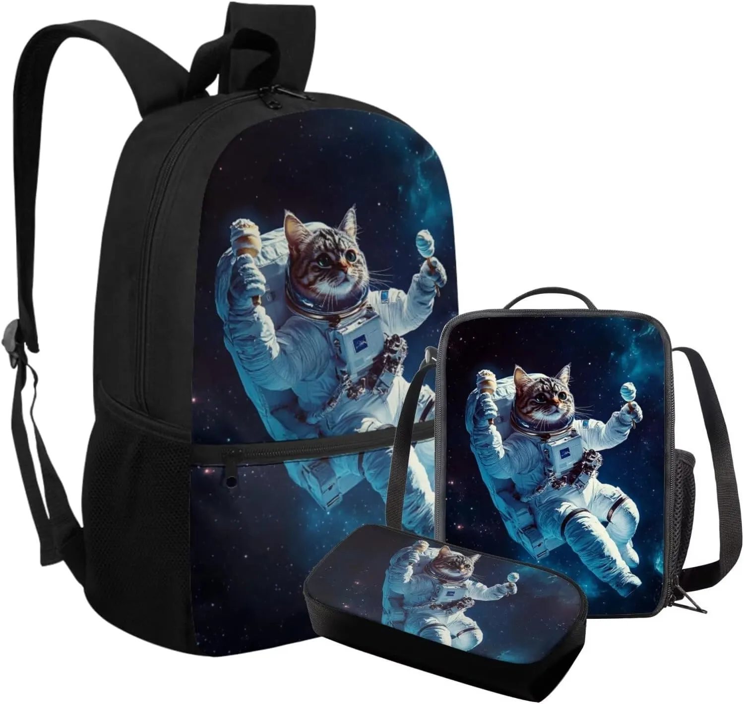 Cat Backpack School Set of 3 Universe Astronaut Kids School Bag with Lunch Bag Attached Study Pencil Case Versatile 17 Inch Bookbag for Elementary Students