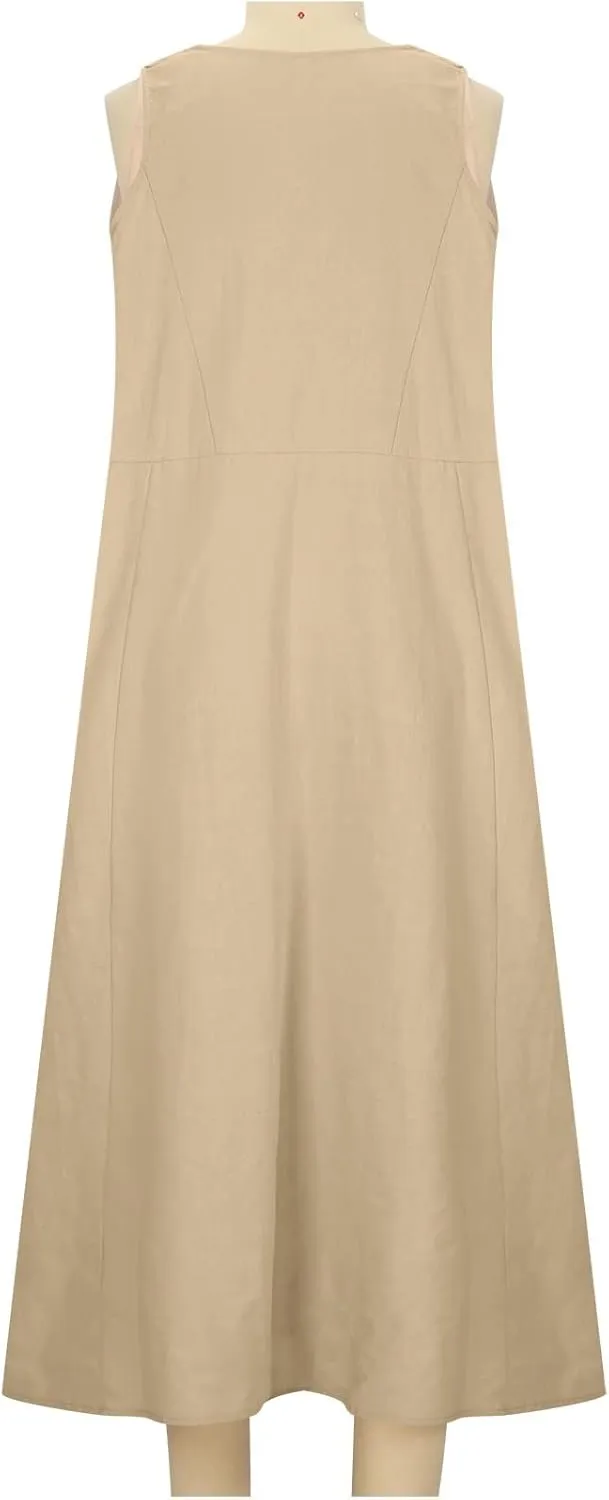 Ceboyel Women 2023 Solid Color Linen Dress Causal Summer Sun Dress Flowy Sleeveless Sundress Trendy Beach Maxi Long Dresses
