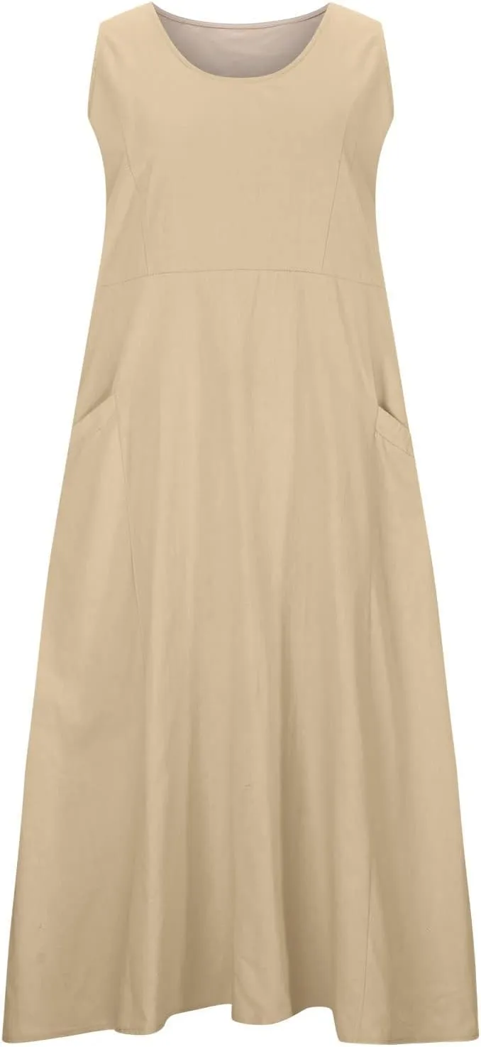 Ceboyel Women 2023 Solid Color Linen Dress Causal Summer Sun Dress Flowy Sleeveless Sundress Trendy Beach Maxi Long Dresses