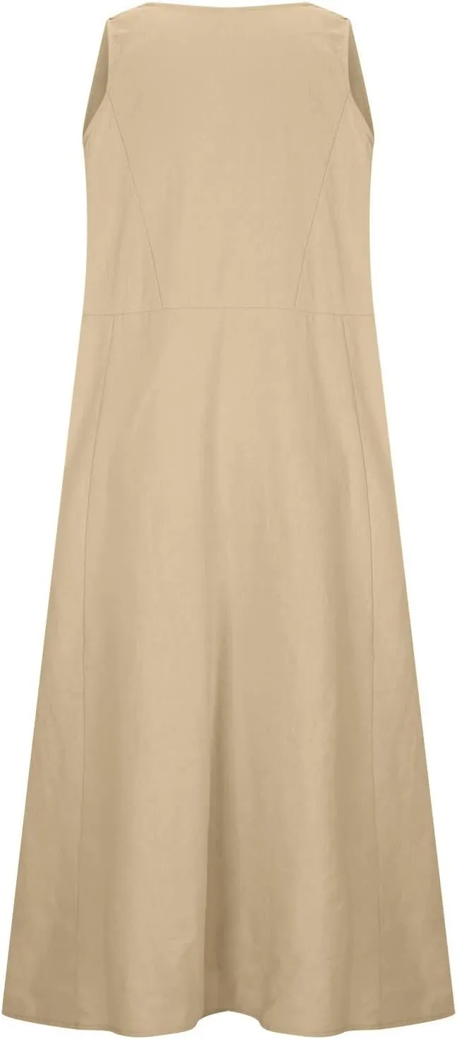 Ceboyel Women 2023 Solid Color Linen Dress Causal Summer Sun Dress Flowy Sleeveless Sundress Trendy Beach Maxi Long Dresses