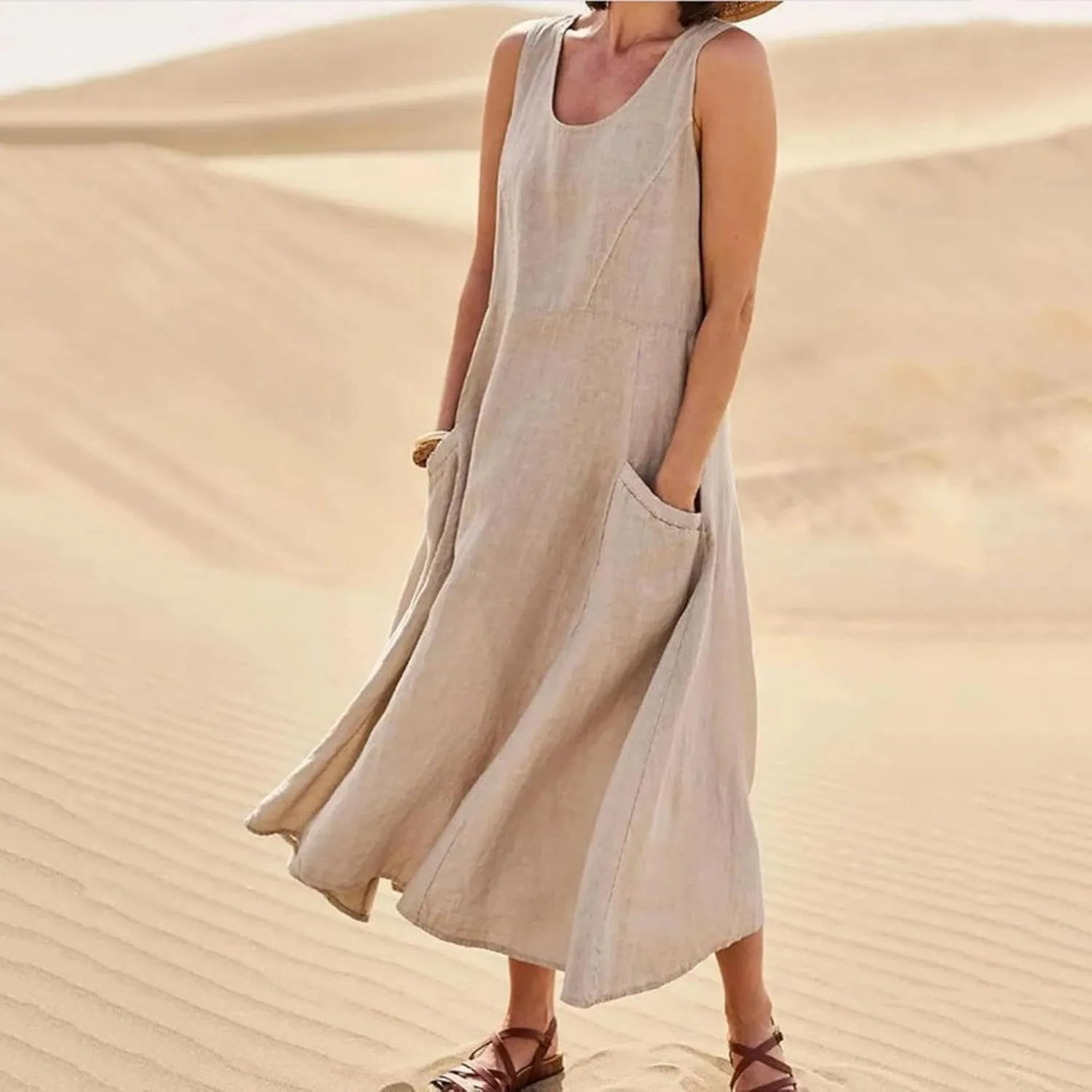 Ceboyel Women 2023 Solid Color Linen Dress Causal Summer Sun Dress Flowy Sleeveless Sundress Trendy Beach Maxi Long Dresses