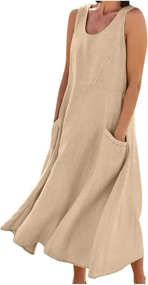 Ceboyel Women 2023 Solid Color Linen Dress Causal Summer Sun Dress Flowy Sleeveless Sundress Trendy Beach Maxi Long Dresses