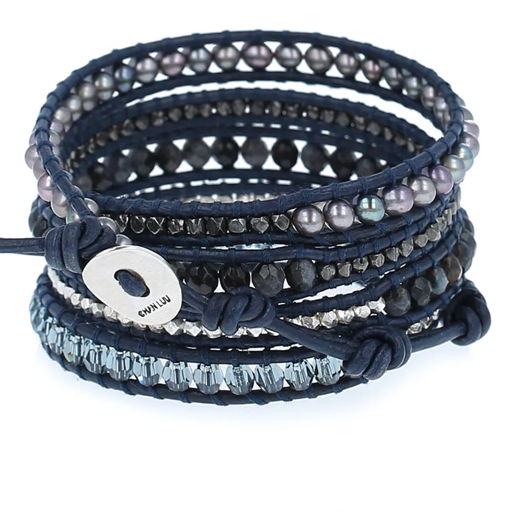 Chan Luu Blue Pietersite Mix Sectioned Wrap Bracelet on Natural Dark Brown Leather