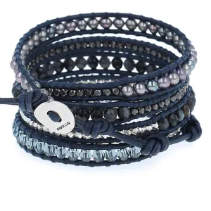 Chan Luu Blue Pietersite Mix Sectioned Wrap Bracelet on Natural Dark Brown Leather
