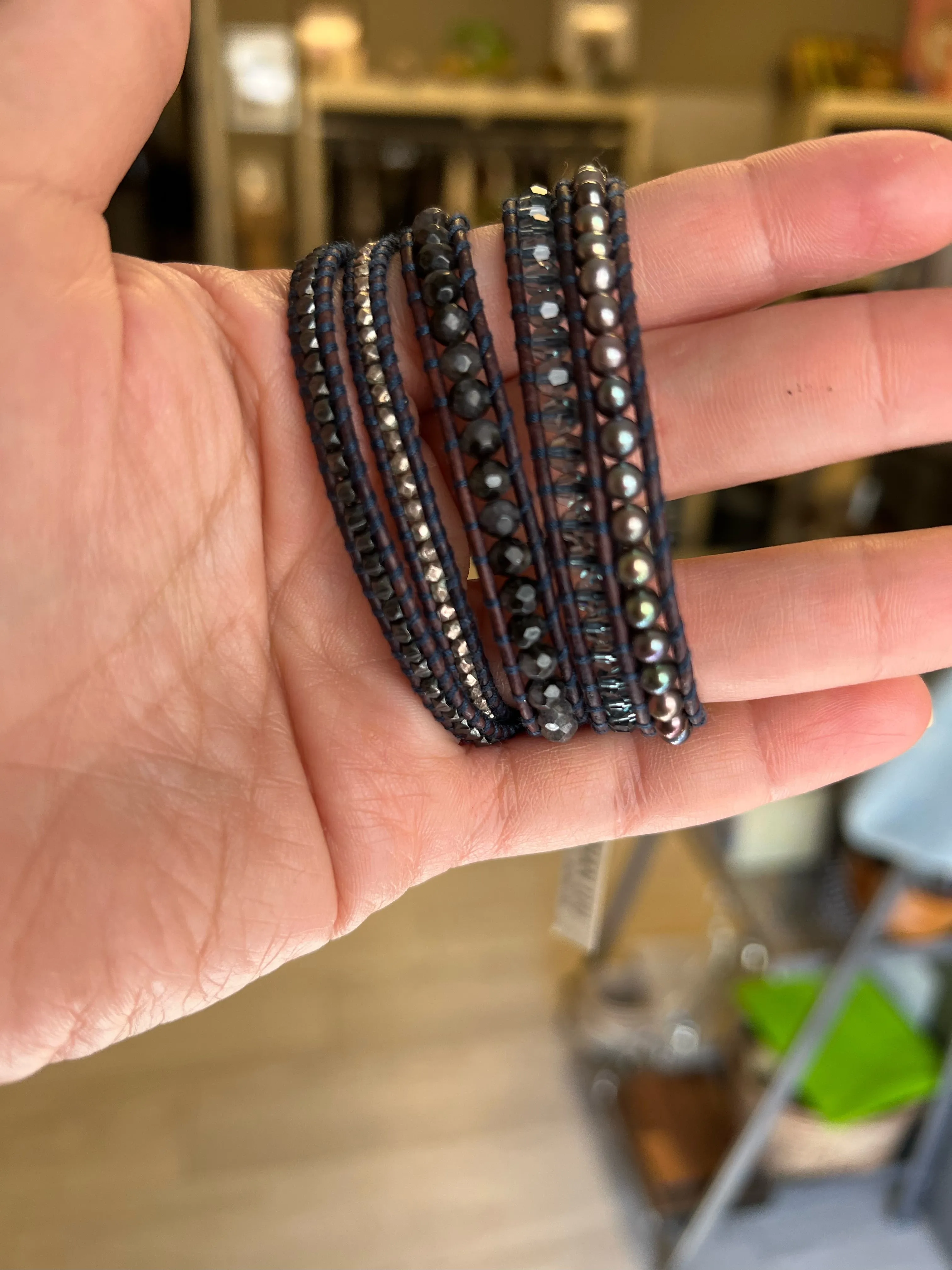 Chan Luu Blue Pietersite Mix Sectioned Wrap Bracelet on Natural Dark Brown Leather