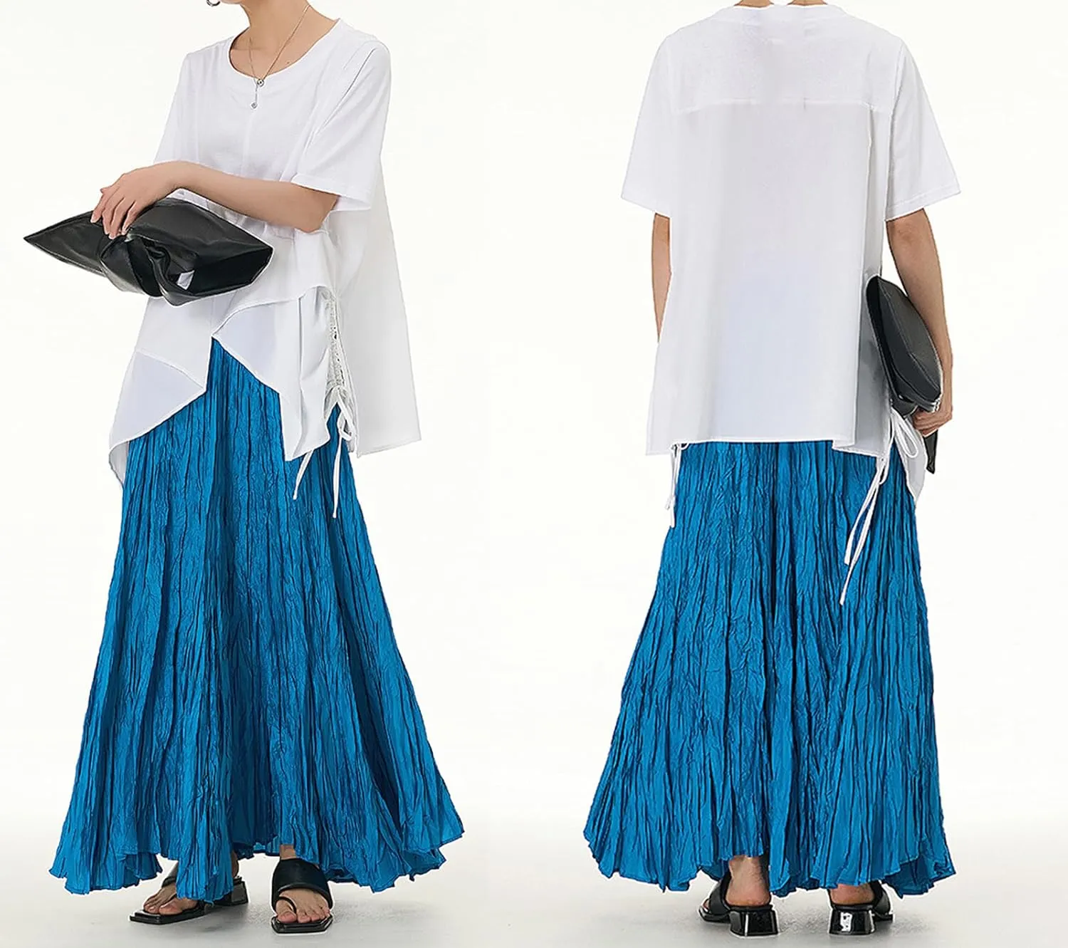 CHARTOU Boho Maxi Skirt for Women A Line Skirt Pleated Long Flowy Skirt Summer Elastic Waist Wrinkle Beach Skirt