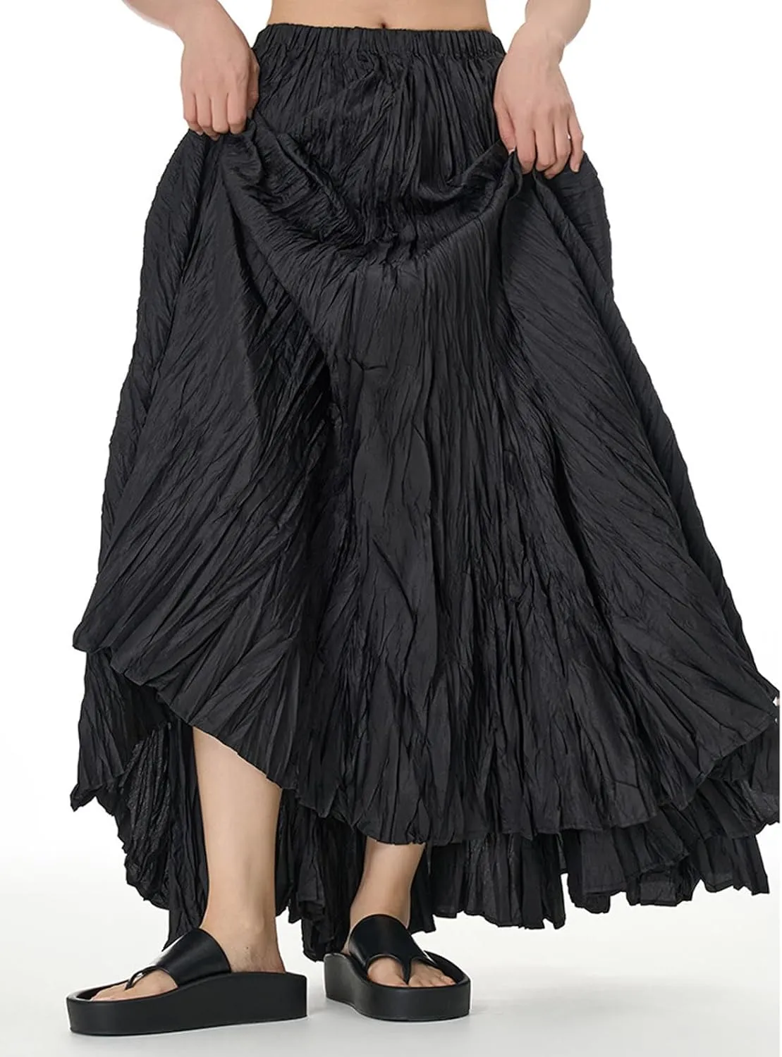 CHARTOU Boho Maxi Skirt for Women A Line Skirt Pleated Long Flowy Skirt Summer Elastic Waist Wrinkle Beach Skirt