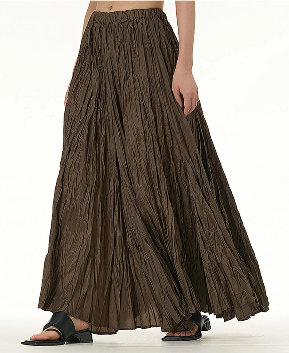 CHARTOU Boho Maxi Skirt for Women A Line Skirt Pleated Long Flowy Skirt Summer Elastic Waist Wrinkle Beach Skirt