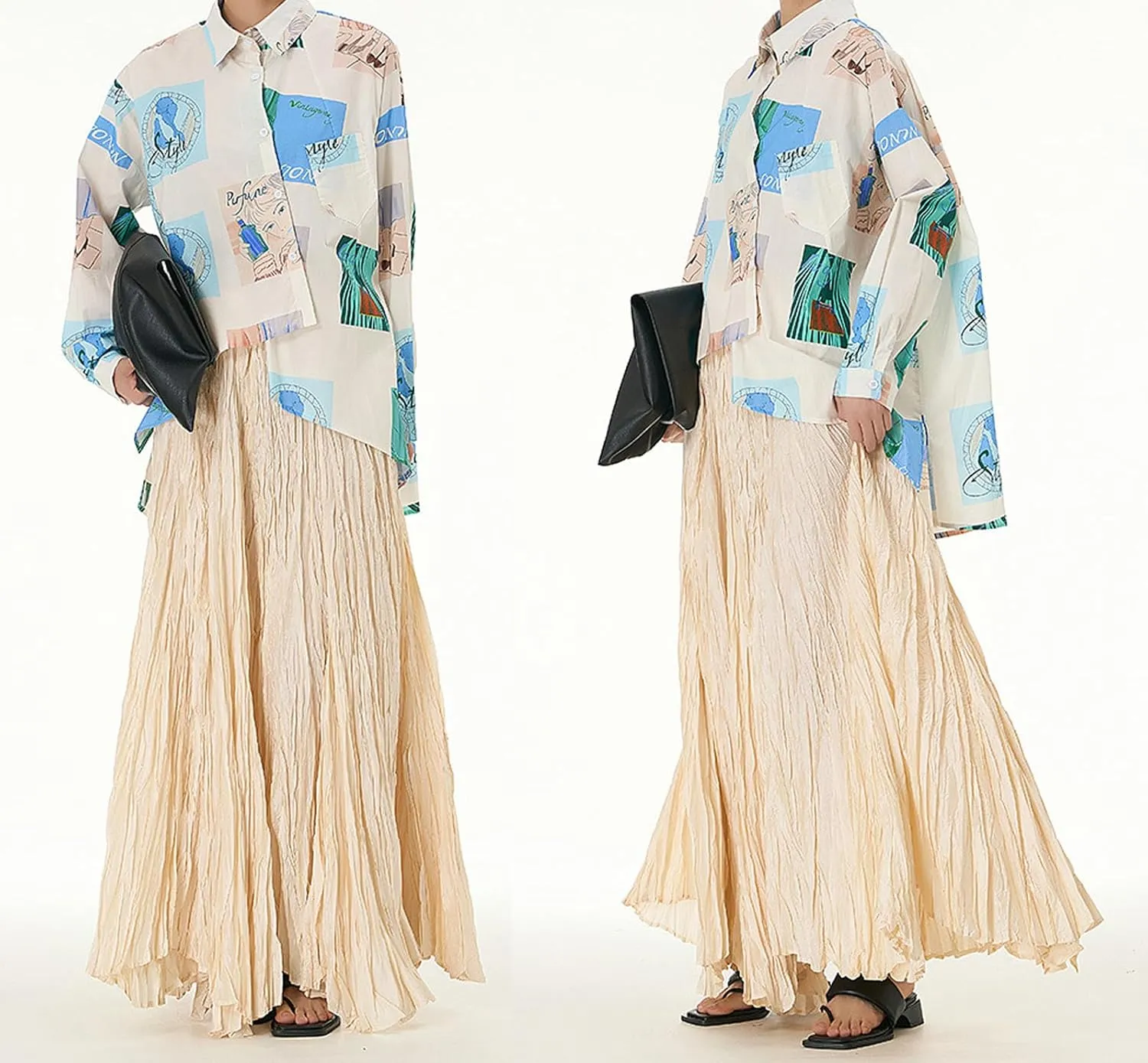 CHARTOU Boho Maxi Skirt for Women A Line Skirt Pleated Long Flowy Skirt Summer Elastic Waist Wrinkle Beach Skirt