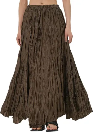 CHARTOU Boho Maxi Skirt for Women A Line Skirt Pleated Long Flowy Skirt Summer Elastic Waist Wrinkle Beach Skirt