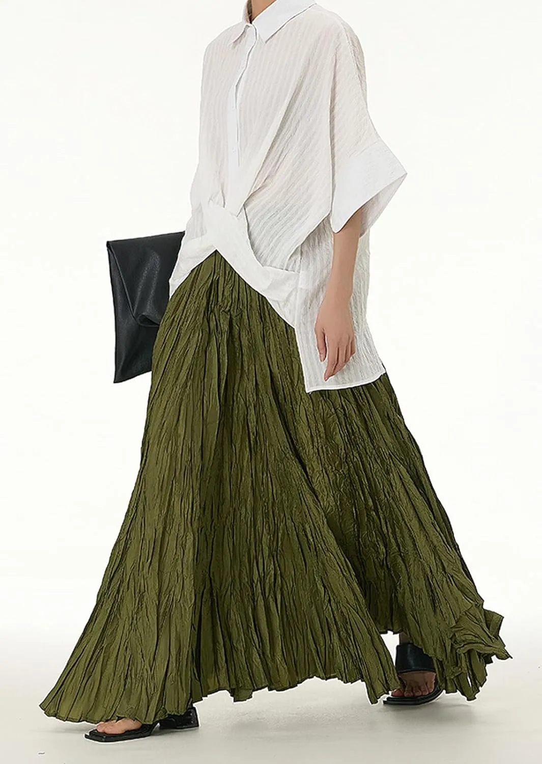 CHARTOU Boho Maxi Skirt for Women A Line Skirt Pleated Long Flowy Skirt Summer Elastic Waist Wrinkle Beach Skirt