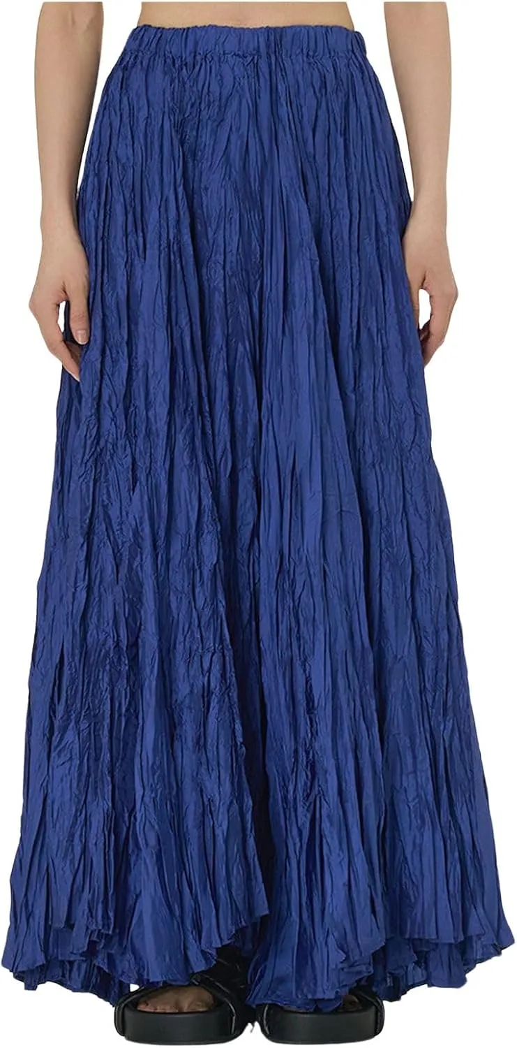 CHARTOU Boho Maxi Skirt for Women A Line Skirt Pleated Long Flowy Skirt Summer Elastic Waist Wrinkle Beach Skirt