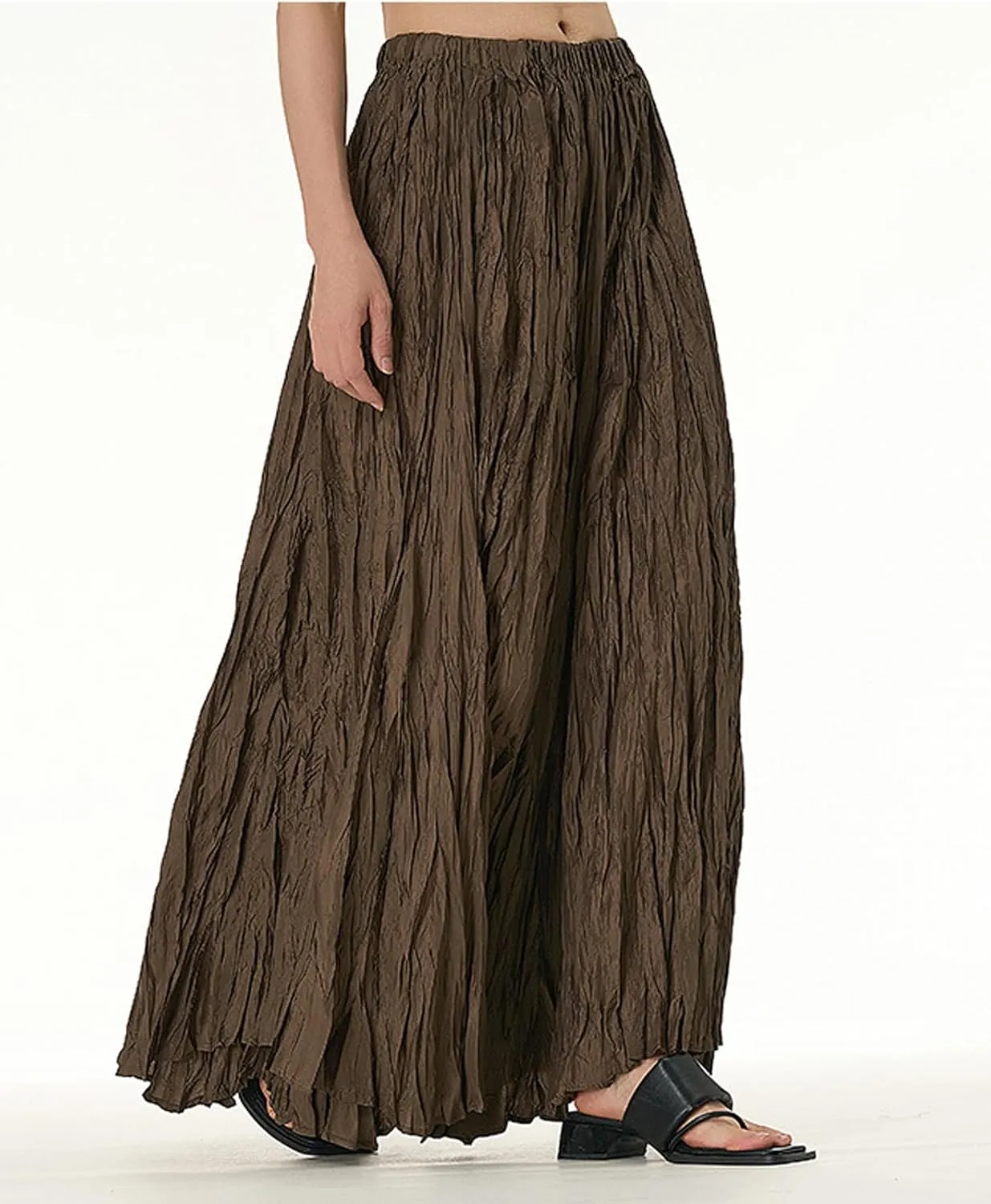 CHARTOU Boho Maxi Skirt for Women A Line Skirt Pleated Long Flowy Skirt Summer Elastic Waist Wrinkle Beach Skirt