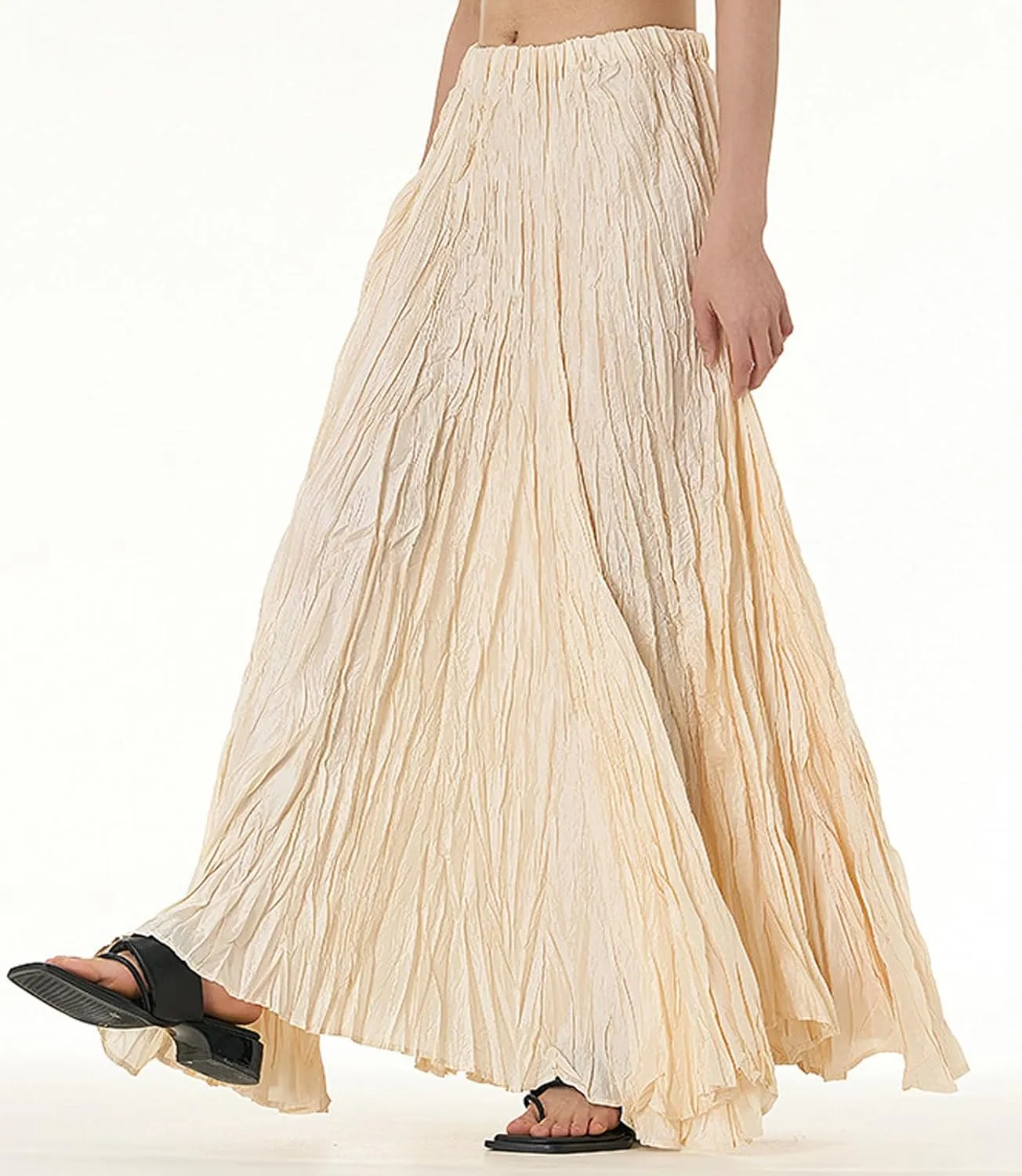 CHARTOU Boho Maxi Skirt for Women A Line Skirt Pleated Long Flowy Skirt Summer Elastic Waist Wrinkle Beach Skirt