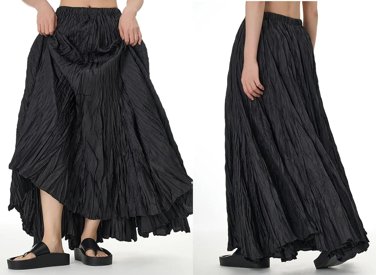CHARTOU Boho Maxi Skirt for Women A Line Skirt Pleated Long Flowy Skirt Summer Elastic Waist Wrinkle Beach Skirt