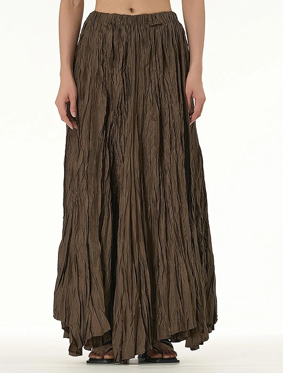 CHARTOU Boho Maxi Skirt for Women A Line Skirt Pleated Long Flowy Skirt Summer Elastic Waist Wrinkle Beach Skirt