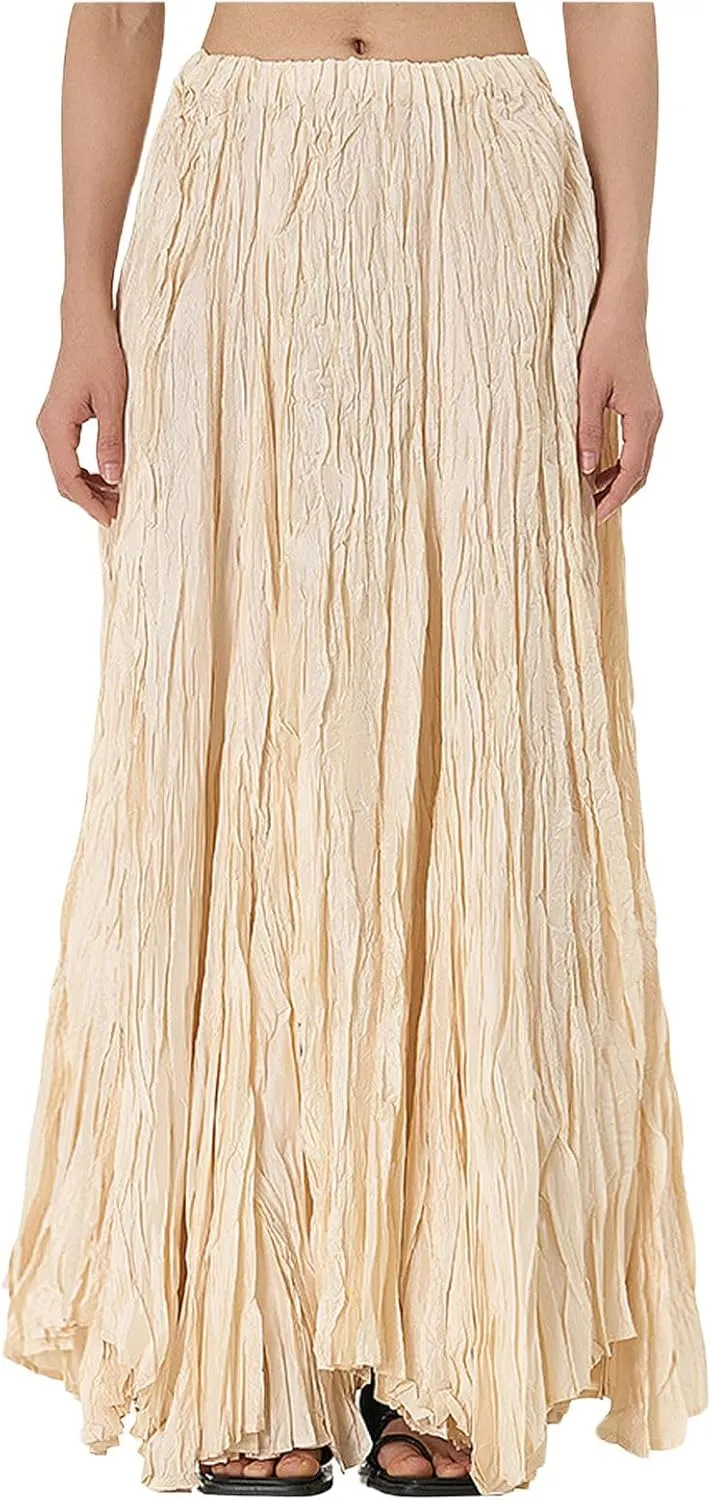 CHARTOU Boho Maxi Skirt for Women A Line Skirt Pleated Long Flowy Skirt Summer Elastic Waist Wrinkle Beach Skirt