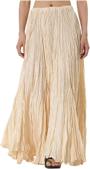 CHARTOU Boho Maxi Skirt for Women A Line Skirt Pleated Long Flowy Skirt Summer Elastic Waist Wrinkle Beach Skirt