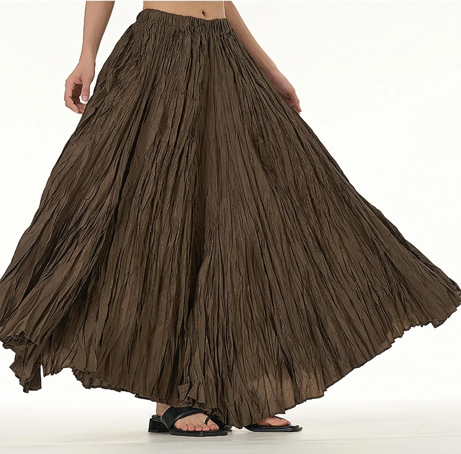 CHARTOU Boho Maxi Skirt for Women A Line Skirt Pleated Long Flowy Skirt Summer Elastic Waist Wrinkle Beach Skirt