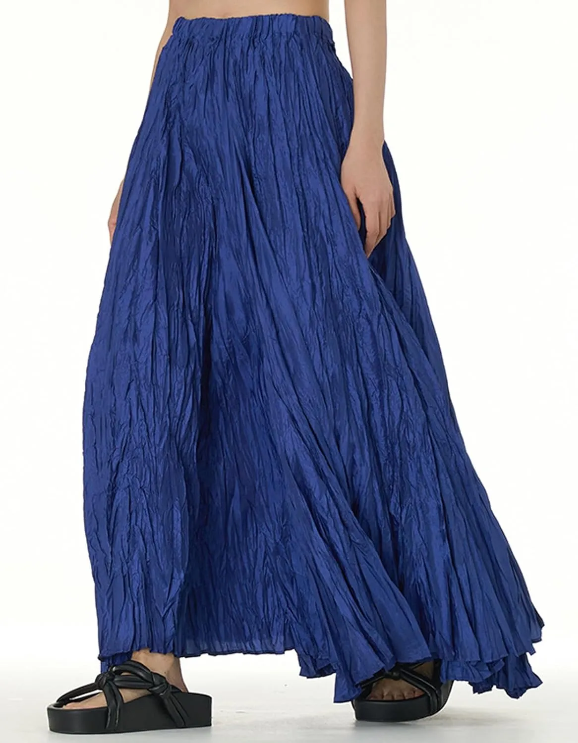 CHARTOU Boho Maxi Skirt for Women A Line Skirt Pleated Long Flowy Skirt Summer Elastic Waist Wrinkle Beach Skirt