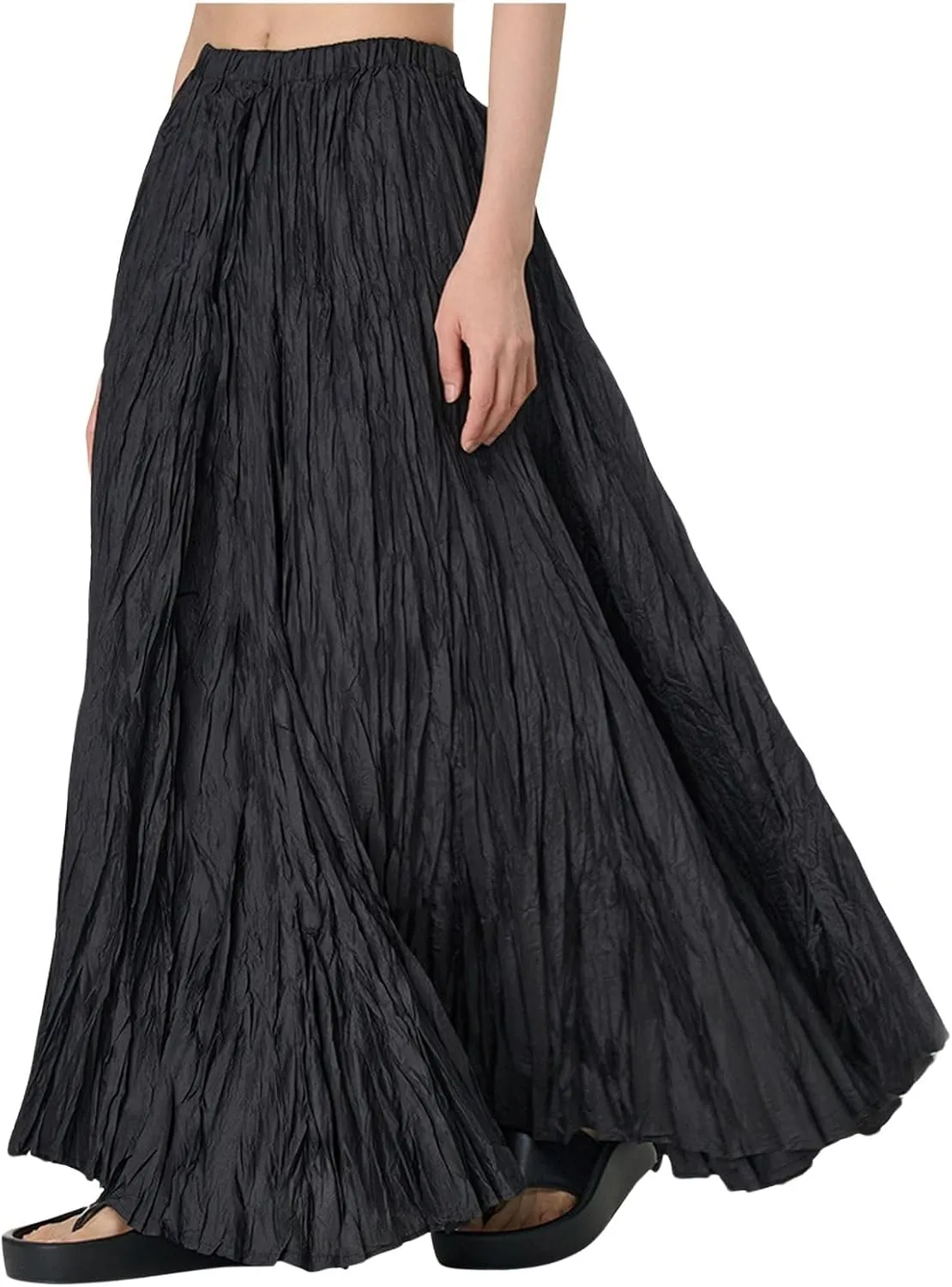 CHARTOU Boho Maxi Skirt for Women A Line Skirt Pleated Long Flowy Skirt Summer Elastic Waist Wrinkle Beach Skirt