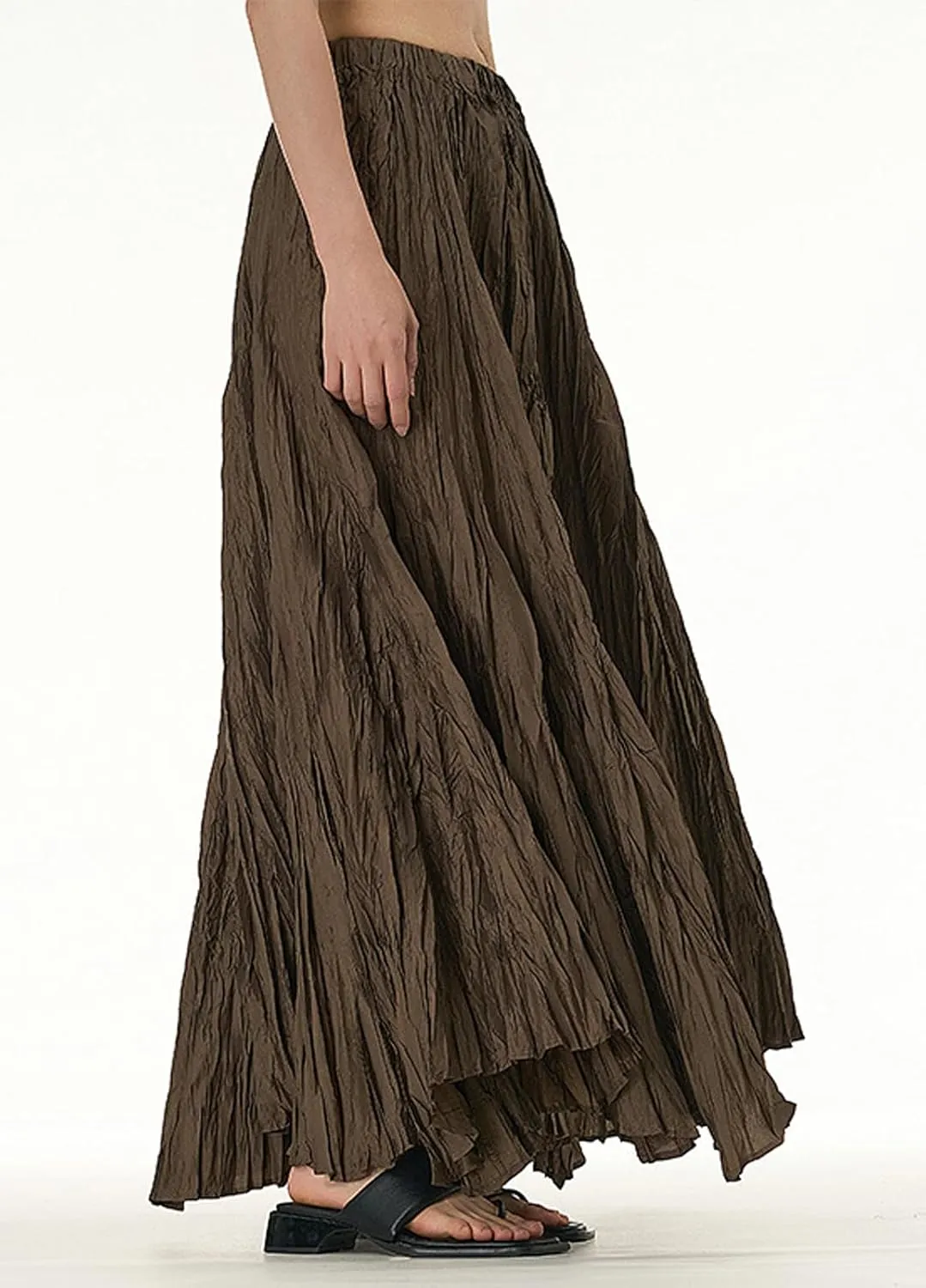 CHARTOU Boho Maxi Skirt for Women A Line Skirt Pleated Long Flowy Skirt Summer Elastic Waist Wrinkle Beach Skirt