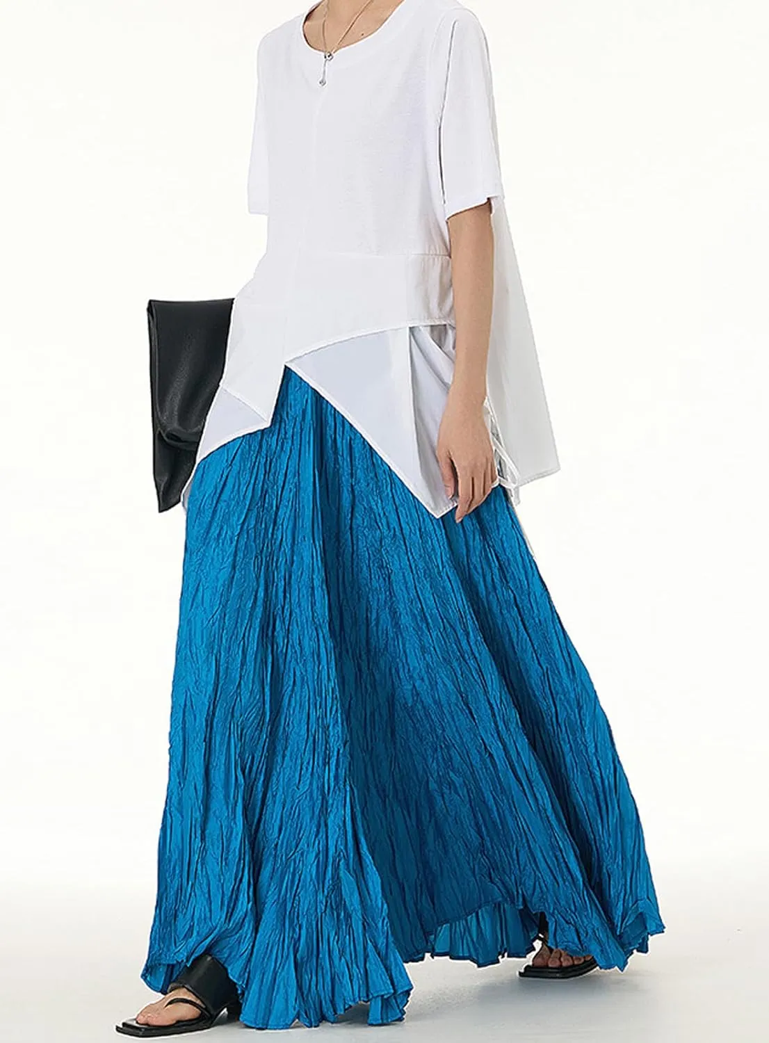 CHARTOU Boho Maxi Skirt for Women A Line Skirt Pleated Long Flowy Skirt Summer Elastic Waist Wrinkle Beach Skirt