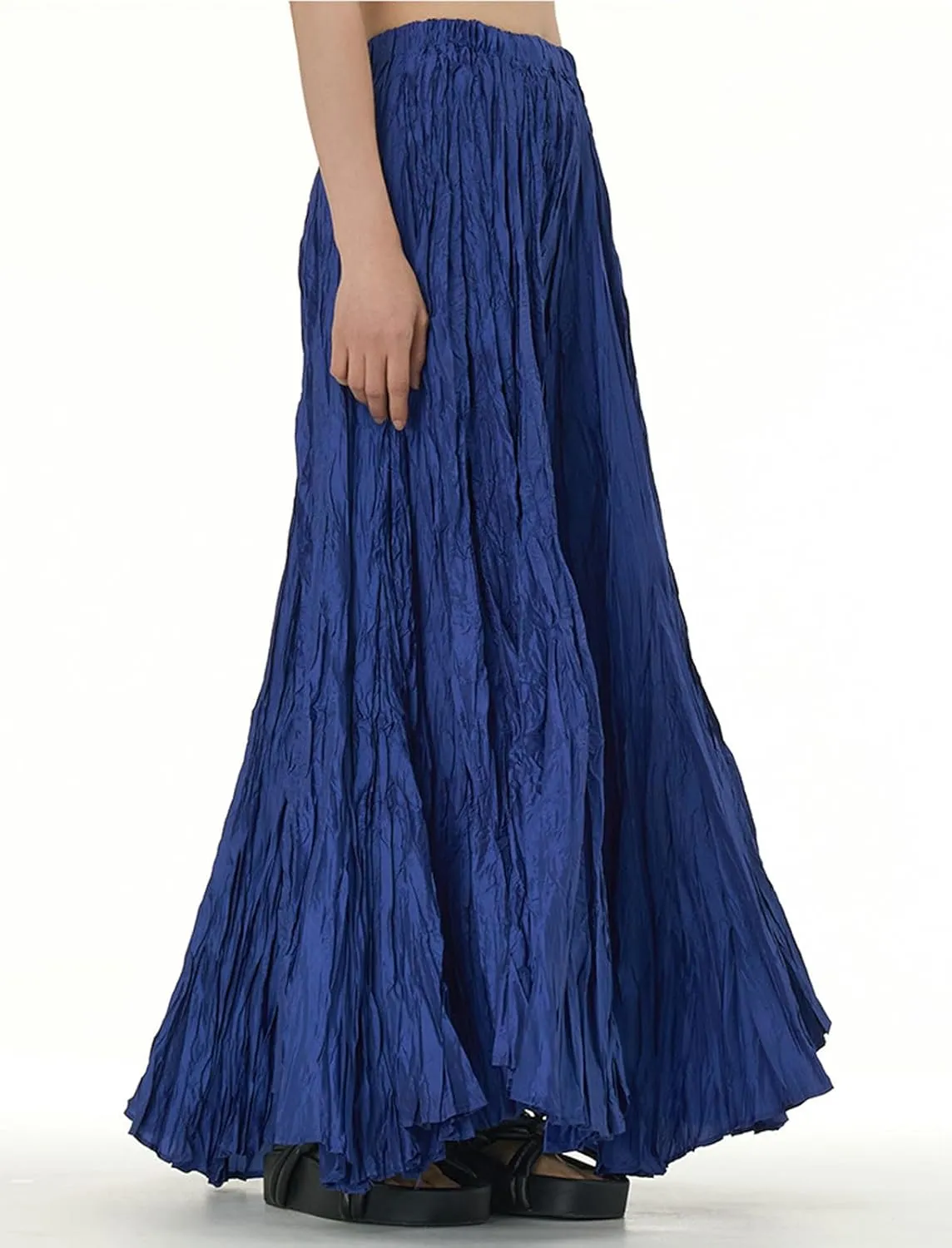 CHARTOU Boho Maxi Skirt for Women A Line Skirt Pleated Long Flowy Skirt Summer Elastic Waist Wrinkle Beach Skirt