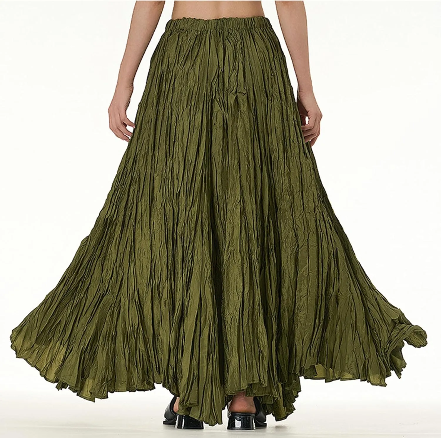 CHARTOU Boho Maxi Skirt for Women A Line Skirt Pleated Long Flowy Skirt Summer Elastic Waist Wrinkle Beach Skirt